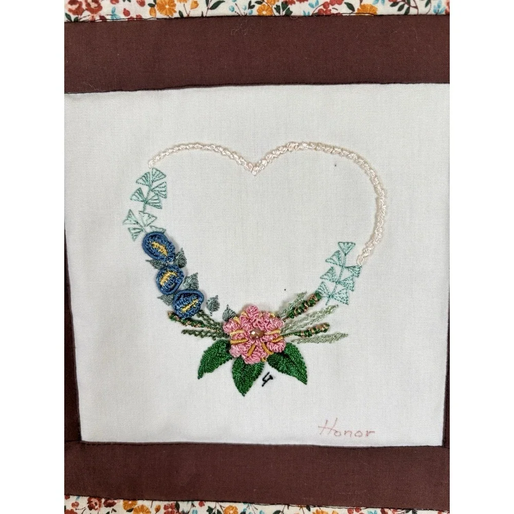 Vintage 70s Small Quilted & Embroidered Wall Hanging Hearts Brown‎ Floral
